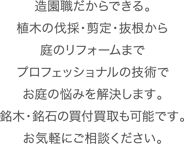 造園職だからできる。植木の伐採・剪定・伐根から庭のリフォームまでプロフェッショナルの技術でお悩みを解決します。銘木・銘石の買付買取も可能です。お気軽にご相談ください。